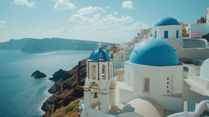 A high-angle shot of the blue-domed Orthodox Church in Oia, Santorini, surrounded by charming white buildings, with the sea and cliffs in the background