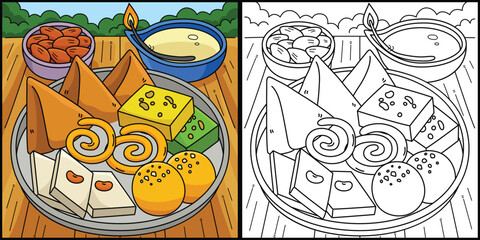 Wall Mural - Diwali Sweets Coloring Page Colored Illustration