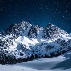 Poster - Snow-capped mountains under a starry night sky.