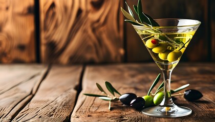 Wall Mural - Refreshing summer martini with olives on rustic wooden table, perfect for trendy drink designs and banners