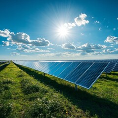 Sticker - Solar panels on green field under a sunny sky.