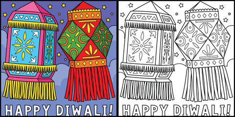 Wall Mural - Diwali Lantern Coloring Page Colored Illustration