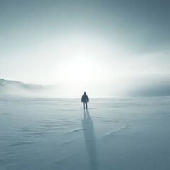 Poster - Solitary figure standing on a snow-covered plain with a distant mountain range and a bright sun in the background.