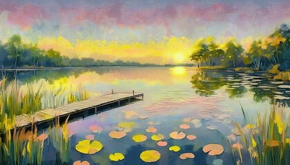 Wall Mural - Painting of a lake with colorful flowers, wooden dock and grass in the background