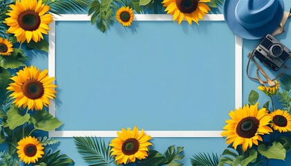 Cheerful sunflower border on vibrant blue backdrop for summer vacation designs and greeting invitations