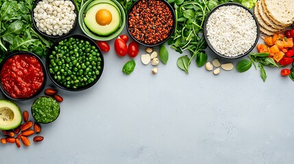 Wall Mural - Healthy bowls filled with quinoa, avocado, peas, tomatoes, and more, creating a colorful vegan spread.