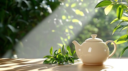 A teapot and fresh tea leaves rest on a wooden table, illuminated by warm sunbeams.