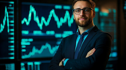 Businessman with arms crossed in front of a stock market graph modern portrait investment background analysis