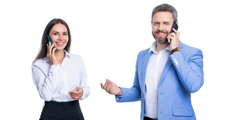 Canvas Print - Businesspeople talking on phone isolated on white. Businesspeople using phone for conversation. Business communication in studio. Business negotiation call. Phone call to colleague