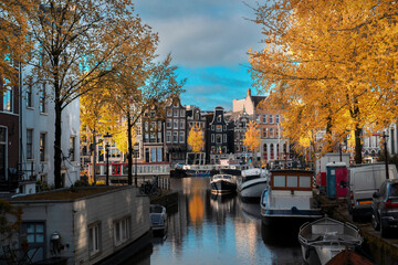 Poster - Facades of old historic Houses and trees over canal water, Amsterdam, Netherlands