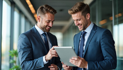 Sticker - Business team of two happy successful professional business men executive working together standing in office using digital tablet computer technology managing data standing in corporate office.