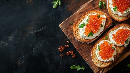 Flat lay of three sandwiches with cream cheese and red caviar, served on a rustic cutting board. An inviting scene for a seafood delicacy and appetizer concept