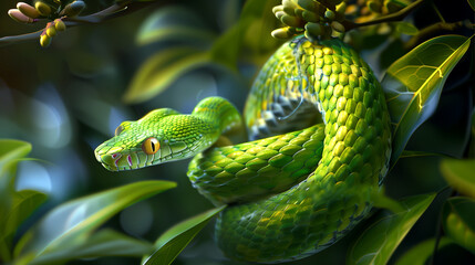 A beautiful green snake is lying on the leaves of a tree. A venomous snake in close-up. Snake hunting. The scales of a snake. The Year of the Snake