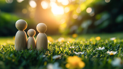 A family of three wooden figures are sitting on a grassy field