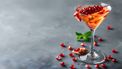 Refreshing pomegranate martini cocktail on a stylish gray background, perfect for summer vibes and promotional graphics