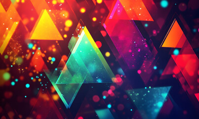 Abstract background with bright colorful triangles and bokeh.