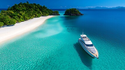 A luxury yacht is moored in a tropical lagoon, floating above crystal-clear waters.