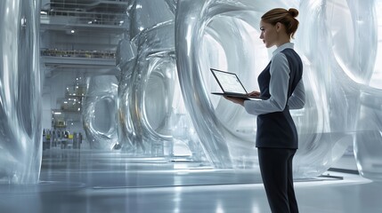 Poster - Professional woman working on a laptop in a futuristic research facility with transparent structures during the day