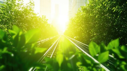 a serene pathway framed by lush greenery and sunlight, inviting exploration along the railway toward
