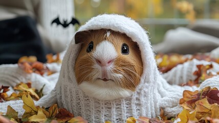 Adorable guinea pig wrapped in a cozy white sweater surrounded by colorful autumn leaves. Perfect for seasonal pet imagery.