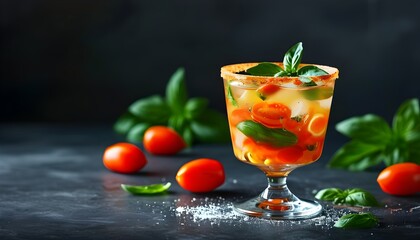 Wall Mural - Tomatini Cocktail Delight with Tomato Garnish on Dark Background – Perfect Refreshing Summer Drink Design