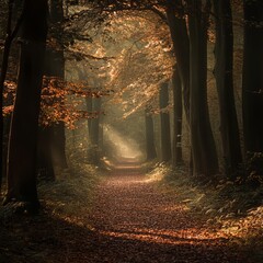 Poster - Sunbeams illuminate a path through a misty forest.