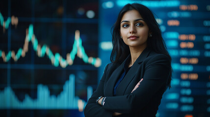 Indian businesswoman standing confidently with stock market graphs in the background modern portrait financial analysis