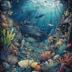 Poster - Sunbeams illuminate a vibrant underwater scene with coral, fish, and a sunken ship.