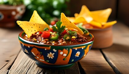 Vibrant bowl of fresh salsa and crispy nachos on rustic wooden table, celebrating traditional Mexican flavors for menu design and culinary advertising