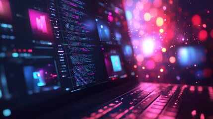 Close up of a laptop keyboard with colourful lights and code on screen.