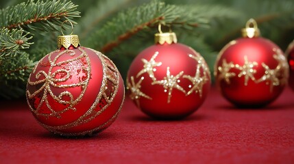 Red Christmas Ornaments with Gold Detail on a Red Background