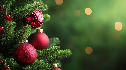 Red Christmas Ornaments Hanging on a Pine Tree Branch