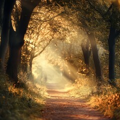 Canvas Print - Sunbeams shining through a forest path.