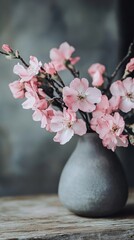 Wall Mural - Pink cherry blossoms in a gray vase on wooden table, delicate floral arrangement for peaceful home decor concept