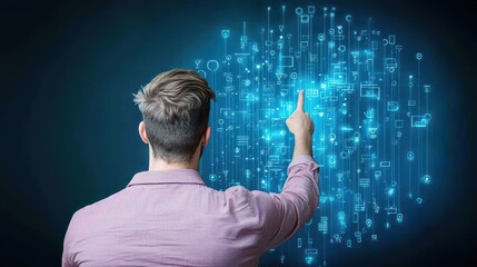 Confident Man Pointing Upwards with Digital Matrix Background in Futuristic Technology Concept