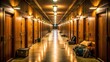 © Sirinporn - Long, dimly lit corridor lined with closed doors, fluorescent lights humming, warm-toned wood panels, and scattered personal belongings, evoking a sense of college campus life.