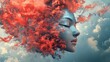 © Wish Craft Arts - A woman's face is obscured by a cloud of abstract orange paint, set against a blue sky with fluffy white clouds.