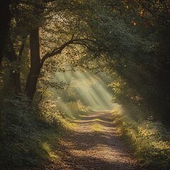 Canvas Print - Sunlight streaming through trees onto a forest path.