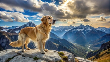 Majestic golden retriever stands atop rugged mountain peak, ears flapping in wind, with breathtaking valley landscape and snow-capped ranges stretching into the distance.