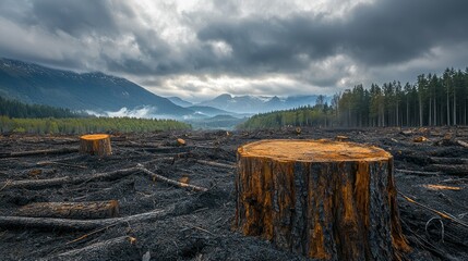 Deforested landscape with tree stumps and cloudy sky