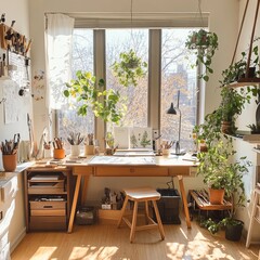 Poster - Sunny home office with wooden desk and plants.