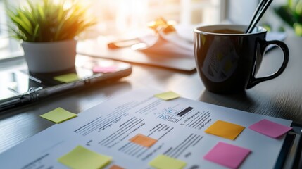 Office Desk with Coffee Sticky Notes and Documents