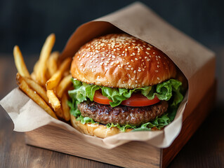 Classic cheeseburger with fries in paper wrap on wooden table