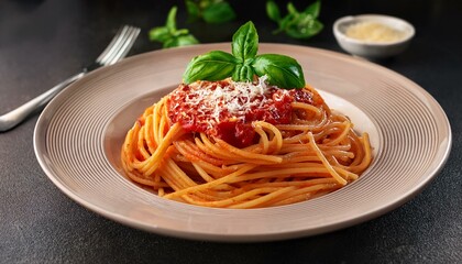 A plate of spaghetti with tomato sauce and parmesan cheese, garnished with a basil leaf.