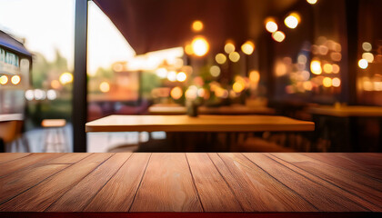 Wall Mural - Empty wooden table for product placement or montage with focus to the table top, blurred bokeh background .
