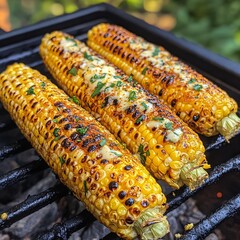 Poster - Three corn cobs grilling on a black grill, close up.