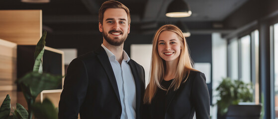 homem e mulher felizes vestindo ternos pretos no escritório