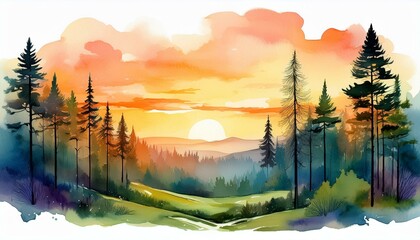 Watercolor illustration of a forest landscape at sunset