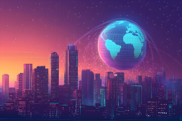 A futuristic cityscape with a glowing globe hovering above, representing global connectivity and technological advancement.