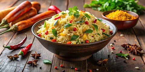 Mouthwatering Flat Rice Flakes Garnished With Herbs, Spices, And Vegetables In A Rustic Bowl, Showcasing The Vibrant Flavors Of Traditional Indian Cuisine.